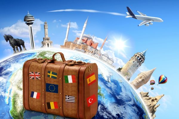 travel-background-suitcase-with-famous-places-picture-id492416114