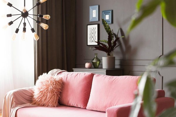 Lamp above pink settee with cushions in living room interior with posters and plants. Real photo