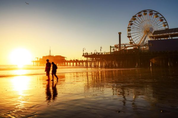 Santa Monica beach and pier in California USA at sunset