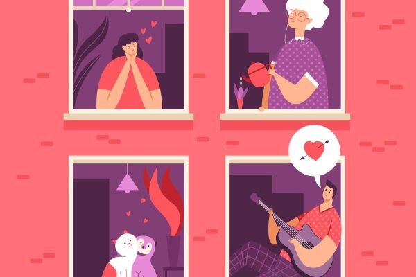 Happy Valentine's Day vector concept cartoon illustration with a loving couple of people and pets and with neighbors in the windows.
