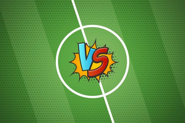 Soccer championship versus battle cartoon background vector illustration. Football grass texture halftone style