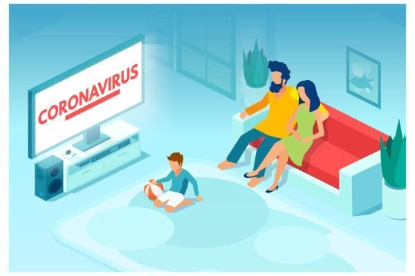 Stay at home campaign concept. Vector of a family staying together inside their house due to coronavirus pandemic